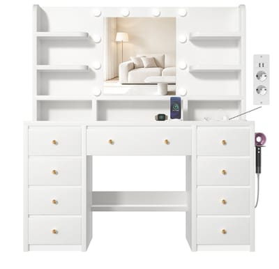 Lexzurn Kaptafel - make up tafel met spiegel - 3 soorten LED-verlichting - Met kettinghaken - met haak voor föhn - met stopcontact en USB-poorten - 140x107x40 cm - geschikt voor slaapkamers en kleedkamers - wit