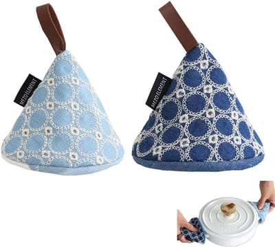 Thijox - 2 stuks mini ovenwanten katoen met handborduurwerk - Hittebestendige antislip pannenlappen voor keuken, bakken, BBQ - Donkerblauw en lichtbla