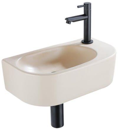 Fugaflow Efficiente Pietra Fonteinset - 40x21.5x12cm - rechts - glad - halfrond - 1 kraangat - keramiek - fonteinkraan zwart mat - afvoerplug - verlaagd sifon - beige