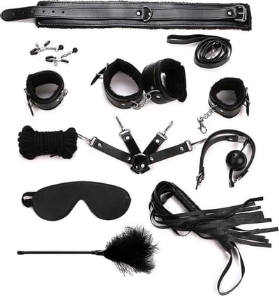 LOUZIR Bondageset | BDSM set | Bondage set | BDSM Toy set 10 delig | Luxe Sex Speeltjes Kit Met Tepelklemmen, halsband, handboeien, enkelboeien, bondage touw, masker en zweep & gag ball, bondageset ZWART