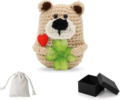 Gebreide geluksbeer met klaverblad, geluksbrenger, cadeau en creatieve breiwol, beertpop, motivatiecadeau, cadeau voor Valentijnsdag, verjaardagscadeau