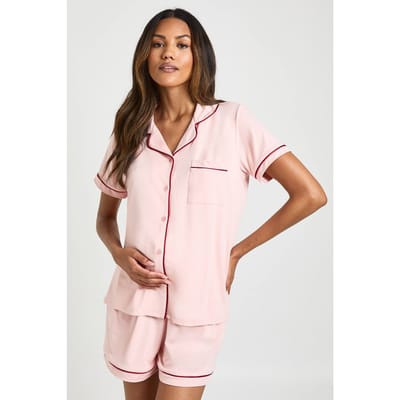 boohoo Dames Zwangerschaps Jersey Pyjama Met Biesjes Korte Mouw En Short | Baby Roze | Maat: 42
