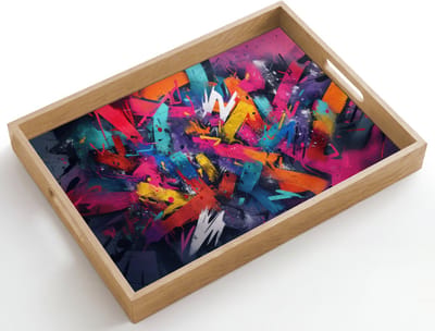Dienblad hout 50x35 cm - Schootdienblad - Abstract - Explosie - Neonkleuren - Borrelplank rechthoek - Plateau dienbladen