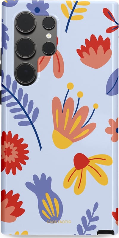 Casetastic hoesje geschikt voor Samsung Galaxy S24 Ultra - Dubbellaagse bescherming - Bloemenwind - Fashion Case - Lichtblauw Terracotta Geel