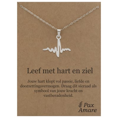 Stainless Steel Levenslijn ketting op Cadeau Kaartje - Leef met hart en ziel - 45cm Zilverkleurig Roestvrij Staal - Pax Amare