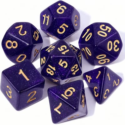 Dobbelstenen Set 7-delig – Paars Glitters D20 D12 D10 D8 D6 D4 – Voor RPG & Tafelspellen