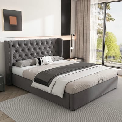 VVBV Gestoffeerd Bed met Opbergruimte 140x200 cm met Hydraulische Opbergruimte, Lattenbodem - Metaal/Fluweel Grijs/Zwart