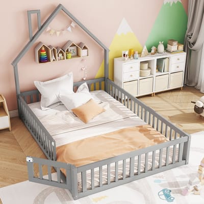 Huisbed 140x190 cm, Kinderbed in Schoorsteenvorm, Bed met Lattenbodem (Zonder Matras), Grenenhout Kinderbed, Minimalistische Stijl, Kinderkamer Bed, Grijs Kleur