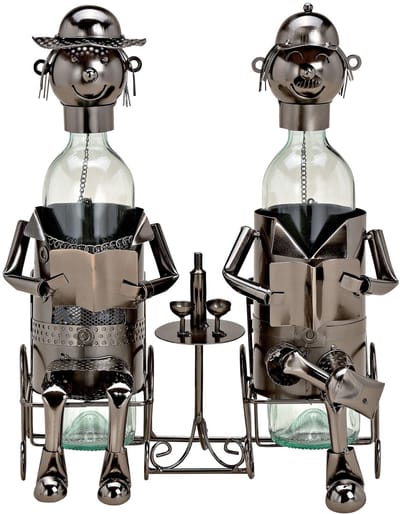 Dailygoods- Wijnflessenhouder decoratief - Metalen Figuren - Twee Mannen aan Tafel - Antraciet - 33 x 21 cm - Vriendschapsgeschenk - Flessenstandaard