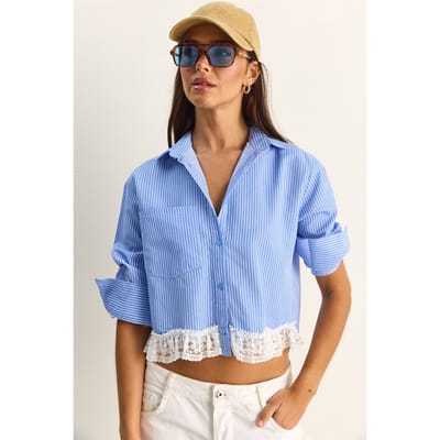 Gestreepte Korte Knop-Voorkant Shirt