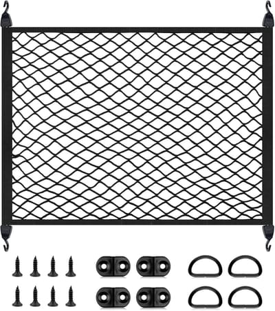 Auto Cargo Net, Hoog-elastische Organizer Opslagnet, Verstelbare Bagagenetten, Auto Kofferbak Mesh, Kofferbak Opslagnet, Cargo Kofferbak Netting met 4 Haken, 60x80cm Uitbreidt tot 110x145cm