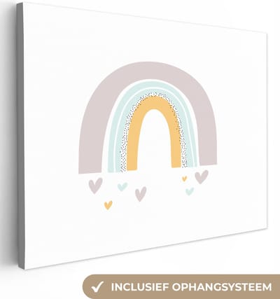 Canvas schilderij regenboog - Regenboog - Hartjes - Sterren - Kleuren - Kinderkamer - Wanddecoratie meisjes - Wanddecoratie jongens - Canvasdoek kinderen - 40x30 cm