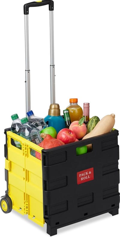 boodschappentrolley - inklapbaar - tot 35 kg - kunststof krat - telescopisch handvat - 2 wieltjes - geel