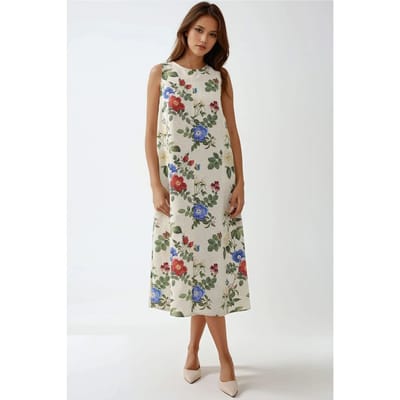 Linnen Voel Mouwloze Crew Neck Midi Jurk