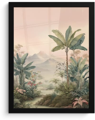 Poster in lijst - Fotolijst 30x40 cm - Posters - Tropisch landschap - palmbomen - Bloemen - Roze lucht - Posterlijst zwart - Decoratie - Wanddecoratie woonkamer - Muurdecoratie slaapkamer
