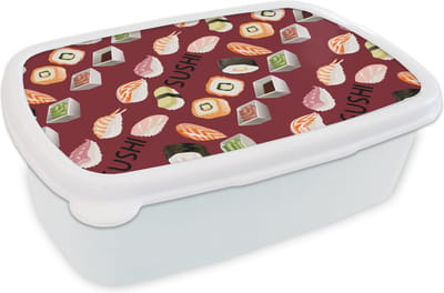 Broodtrommel Wit - Lunchbox - Brooddoos - Patroon - Sushi - Japan - Quotes - 18x12x6 cm - Volwassenen