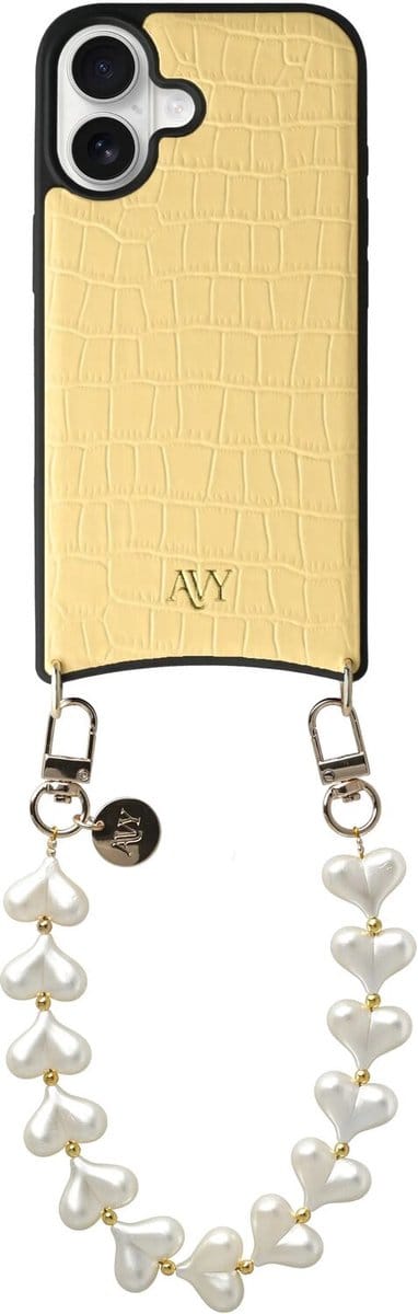 AVY Leren Hoesje Geschikt voor Apple iPhone 17 | Compatibel met MagSafe | Leather Case met Telefoonkoord | Polsband | Croco Geel | Cupid Pearl