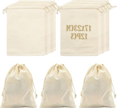 12 Stuks Katoenen Zakjes 17x23cm, Herbruikbare Muslin Tassen met Trekkoord voor Cadeaus, DIY Craft en Sieradenopslag
