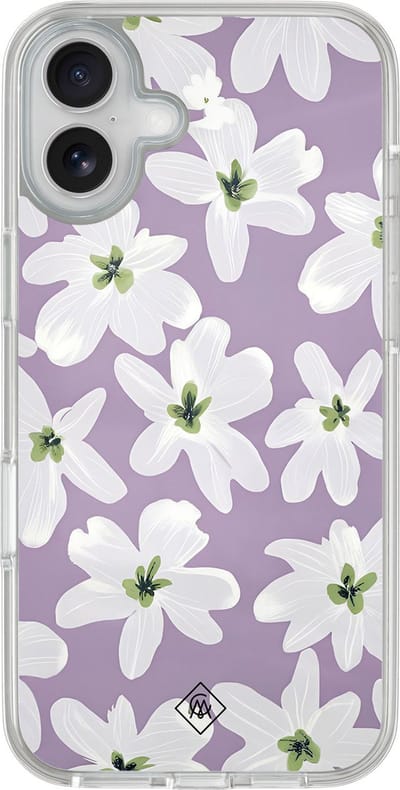 Casimoda® hoesje - Geschikt voor iPhone 16 - Lavender Blossoms - 2-in-1 case - Schokbestendig - Bloemen - Verhoogde randen - Paars, Transparant