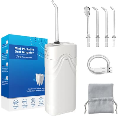 Waterflosser-monddouche-water flosser-waterflosser Multifunctionele oplaadbare draagbare tandenreiniger - Tandheelkundige zorg Orthodontische mondhygiëne - 200 ml intrekbare watertank - met 4 waterflossertips en opbergruimte voor mondstukken - Wit