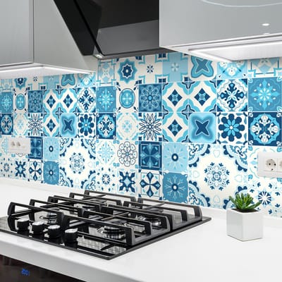 Zelfklevende tegelmuurstickers voor keuken en badkamer - 24 cementtegelstickers, Azulejos Inola - 24 stickers, 10x10cm