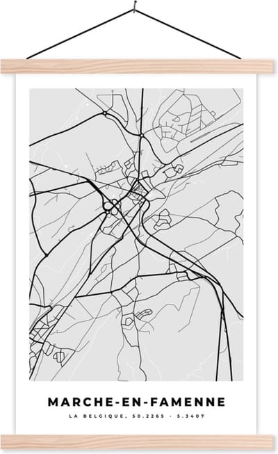 Posterhanger incl. Poster 40x60 cm - Schoolplaat - Stadskaart – Plattegrond – België – Zwart Wit – Marche en Famenne – Kaart - Textielposter - Blanke latten - Stadskaart