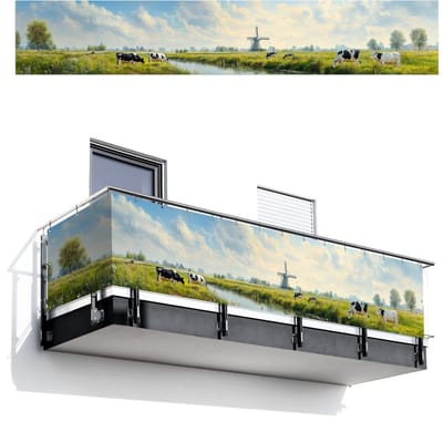 Balkonscherm 500x85 cm - Balkonposter Koeien - Windmolen - Weide - Blauw - Balkon scherm decoratie - Balkonschermen - Balkondoek zonnescherm