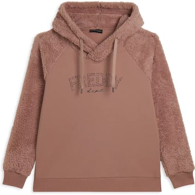 Dames hoodie met kruisende capuchon en mouwen van sherpa stof Freddy