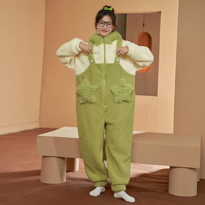 Jumpsuit Pyjama Dames Herfst Winter Koraalvlies Verdikt Pluche Schattig Cartoon Flanel Warm Nachtkleding Casual Los Huispak 2XL beige