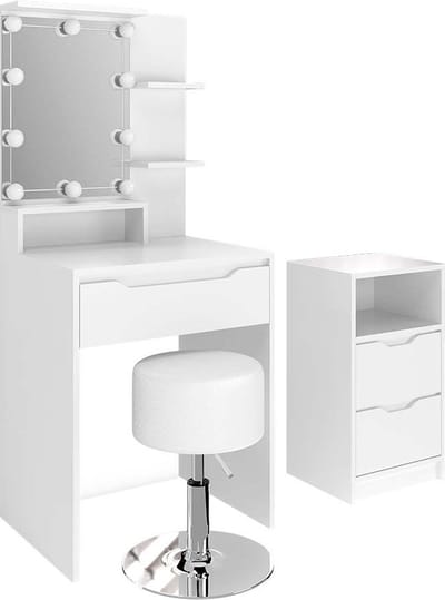 Vicco Ruben Kaptafel set met kruk – met ladeblok, LED-verlichting en kruk Wit