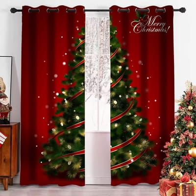 Kerstboom Cartoon Kerstman Rood Raamgordijnen Voor Kinder Slaapkamer Woonkamer Badkamer Keuken Deur Hal Huisdecoratie W60H60(CM)x2PCS&HOOK