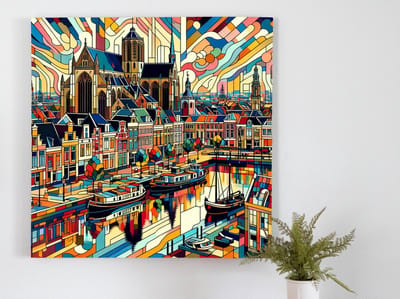 Modern groningen schilderij | Groningen's Glimpse: A Contemporary Masterpiece of Urban Expressionism | Kunst - 30x30 centimeter op Dibond | Foto op Dibond