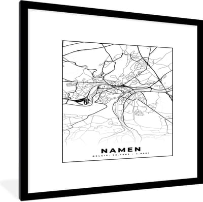 Fotolijst incl. Poster Zwart Wit- Stadskaart – Plattegrond – België – Zwart Wit – Namen – Kaart - 40x40 cm - Posterlijst