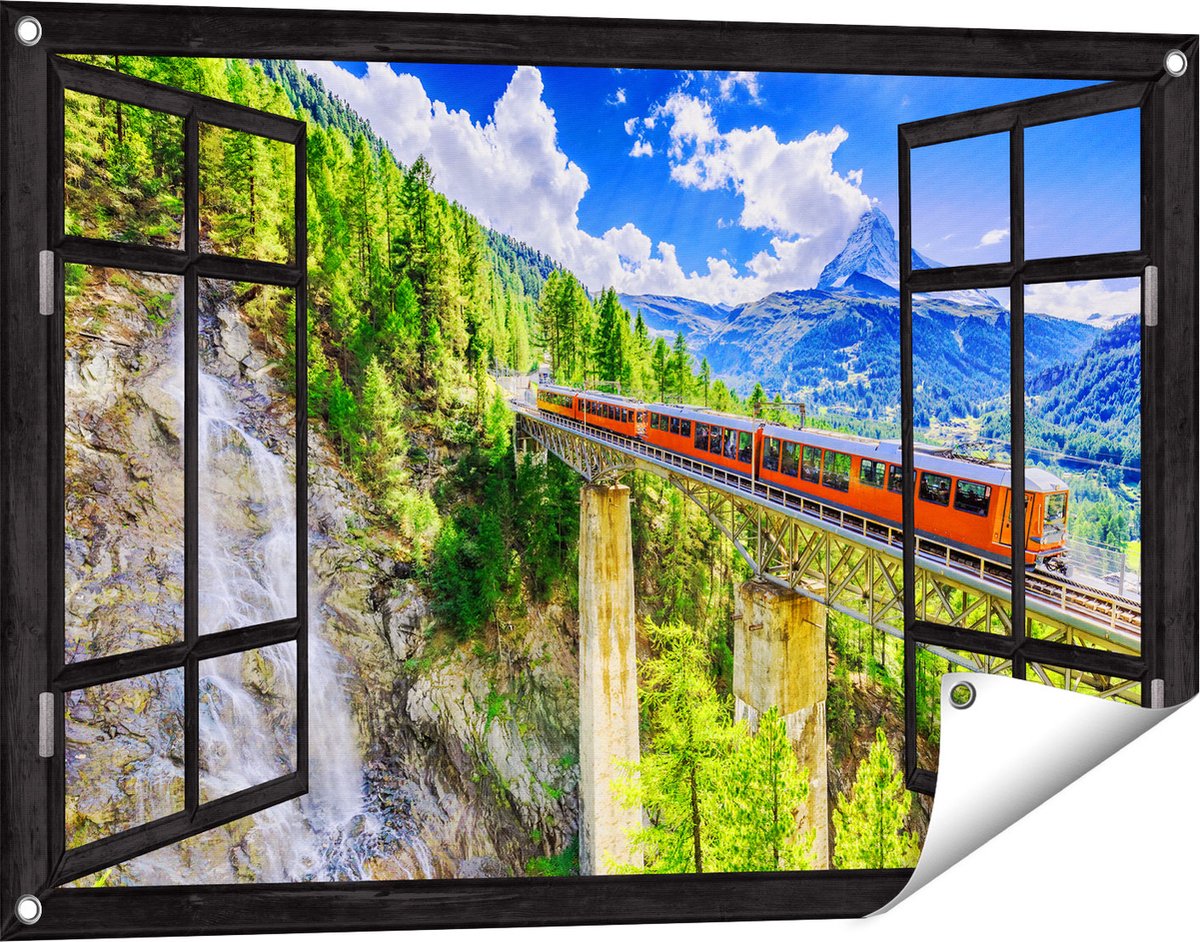 Gards Tuinposter Doorkijk Trein op een Brug bij een Waterval in Zwitserland - 90x60 cm - Tuindoek - Tuindecoratie - Wanddecoratie buiten - Tuinschilderij