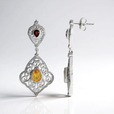 Cavill - Zilveren Oorbellen - 925 Sterling Zilver Gerhodineerd - Citrien 0 954 ct & Granaat 0 306 ct - Elegant Druppelvormig Sieraad 40 mm