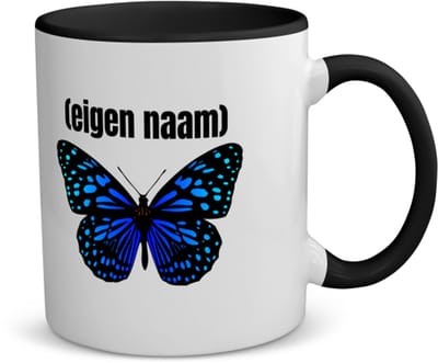 Akyol - blauwe vlinder met eigen naam koffiemok - theemok - zwart - Vlinder - dieren liefhebber - iemand die houdt van vlinders - verjaardag - cadeau - kado - geschenk - 350 ML inhoud