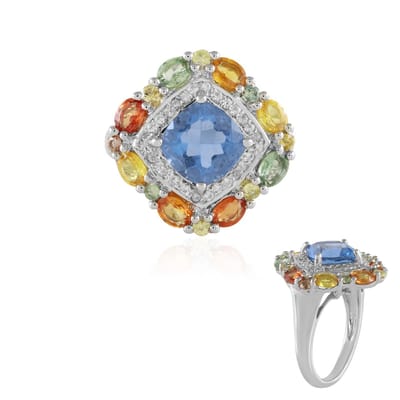 Cavill - Zilveren ring met fluoriet 2,57 ct - Platina 925 sterling zilver - Antiek kussenslijpsel - Ovale en ronde saffieren 1,9 ct - Elegante ring