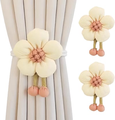 2-delige set gordijnbinders met bloemenmotief - Gordijnhaken met kunstbloemen en bolletjes - Leuke set gordijnbinders - Geschikt voor thuis en op kantoor - Decoratieve gordijnen voor de woonkamer - Beige bloemen