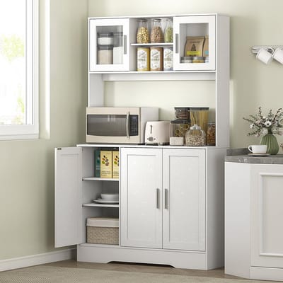Pugsdrly Keukenkast, Scandinavisch design, 4 kasten, verstelbare planken, glazen deuren, open ruimte, spaanplaat, MDF, wit