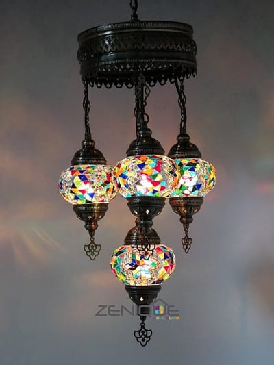 Turkse Lamp - Hanglamp Mozaïek - Kroonluchter Multicolour - 4 Bollen - Handgemaakt 80 cm