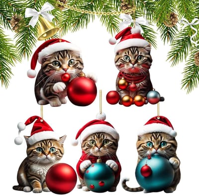 Allecto Plus - Kerstboomhangers voor katten - 5 stuks acryl kerstversiering - decoratie voor veranda, hal en kantoor - vakantie sfeer - kat thema