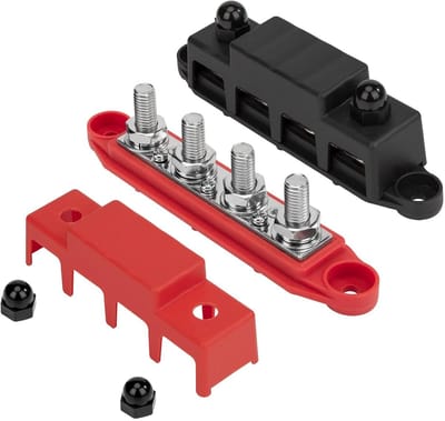 Verdelerrail Busbar 12V-48V DC, stroomverdelerblok 250A met M10 aansluitbouten, auto boot camper - Rood/Zwart - Set van 2