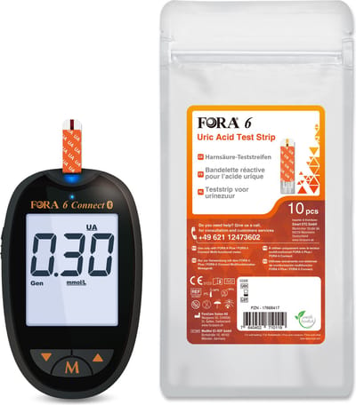 Fora 6 Connect - 6-in-1 urinezuur startpakket (glucose, cholesterol, urinezuur, ketonen, hematocrit & hemoglobine), incl. 10 Fora 6 urinezuur zelftest teststrips