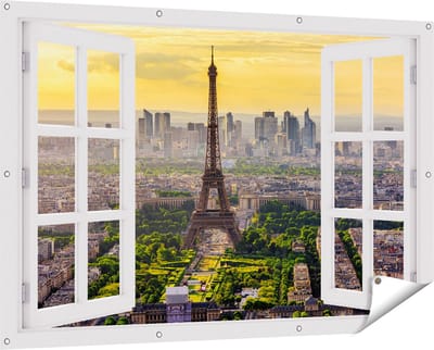 Gards Tuinposter Doorkijk Skyline van Parijs met de Eiffeltoren - 150x100 cm - Tuindoek - Tuindecoratie - Wanddecoratie buiten - Tuinschilderij