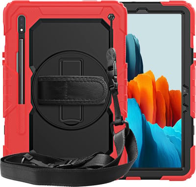 Tablethoes Geschikt voor: Samsung Tab S7 11.0 T870 & Samsung Galaxy Tab S8 Tablet Kids case - Armor Case - Schermbeschermer - ShockProof - Handstrap - met Schouderband - Zwart / Rood - ZT Accessoires
