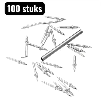 100 stuks - Spijkers & Nagels - Naadloze plintnagels met dubbele uiteinden - Onzichtbare Plint- en Houtbevestiging - Verborgen schroeven - Speciaal gereedschap voor naadloze plinten en massief houten plinten - Zilver