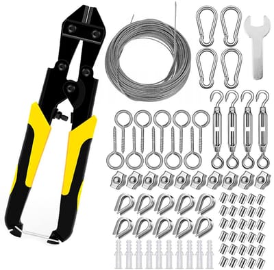 81-delige PVC-gecoate staalkabelset – Gecoate staalkabel – Karabiners en spanners – Ophangset voor lichtsnoeren – Geschikt voor buitengebruik – Universele fietskabelset