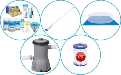 WAYS - Zwembad Accessoirepakket 5-delig - WAYS Onderhoudspakket & Filterpomp (58383) & Zwembad filters Type II & Zwembad stofzuiger & Grondzeil