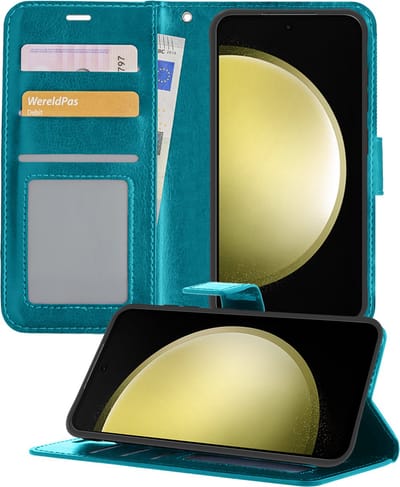 Hoesje - Met Pasjeshouder - Geschikt voor Samsung Galaxy S23 FE - Luxe Bookcase Portemonee - Flip Case - Kunstleer Book Case - Flipcase - Book Cover - Walletcase - Portemonneehoes - Telefoonhoesjes - Turquoise