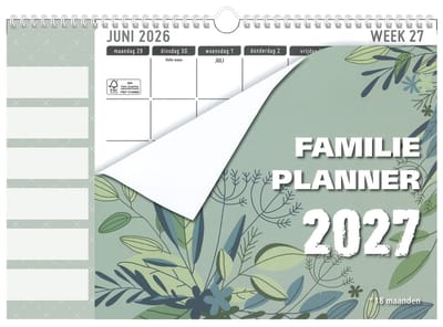 MGPcards - Kalender 18 maanden - Familieplanner 2027 - 6 Namen - Kalender - Familyplanner - Nederlandse en Belgische feestdagen - Juli 2026 tm december 2027 - 34 x 24,5 cm - Bladeren - Groen